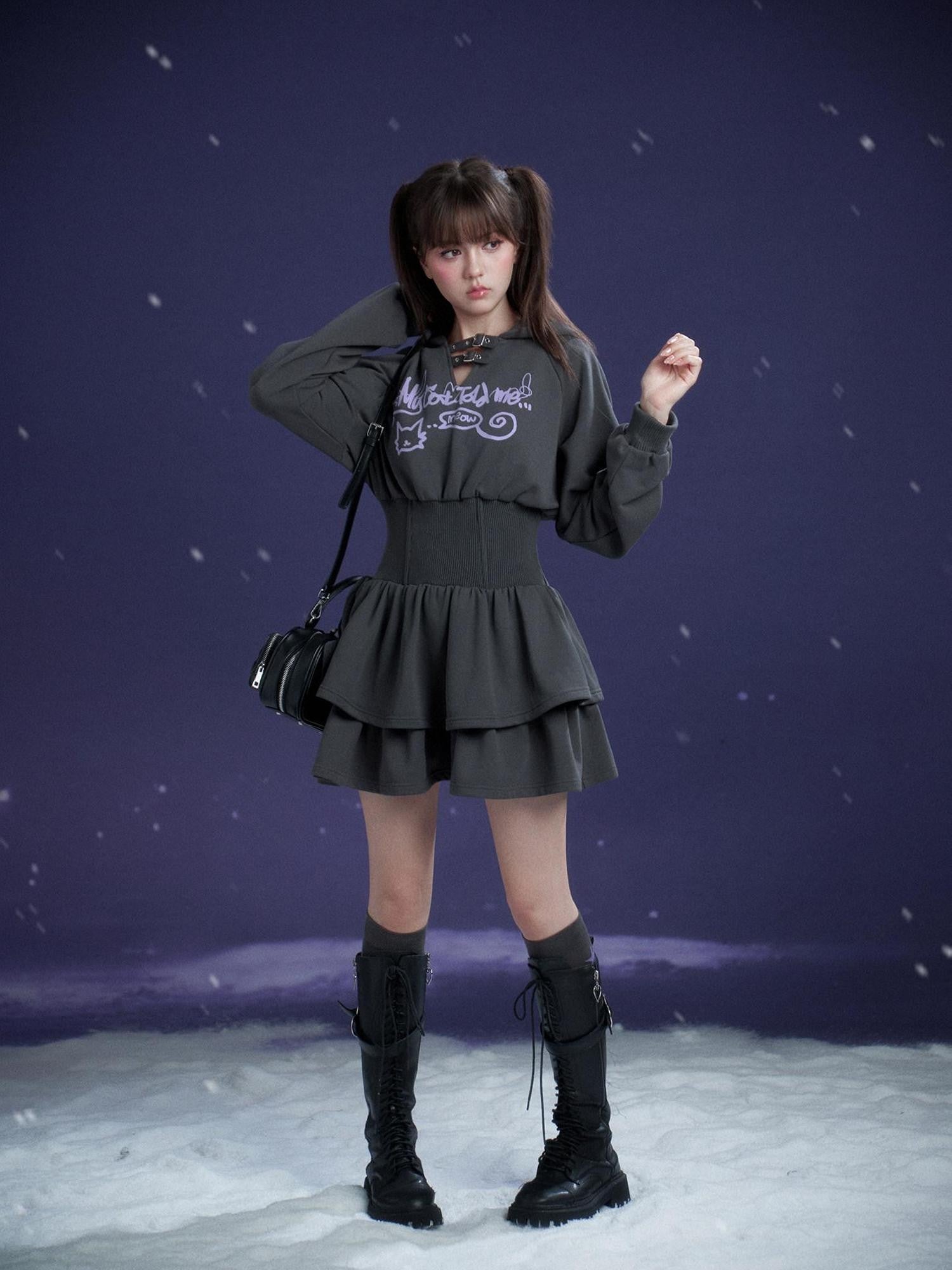 SagiDolls Dark Gray Hooded Hem Cinched Waist Women's Cotton Blend Corset Mini Dresses