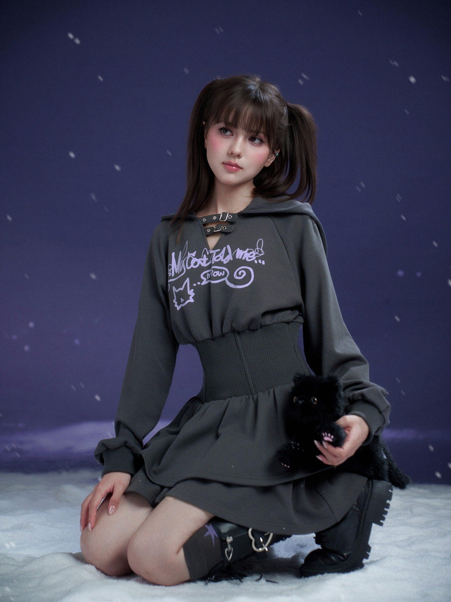 SagiDolls Dark Gray Hooded Hem Cinched Waist Women's Cotton Blend Corset Mini Dresses