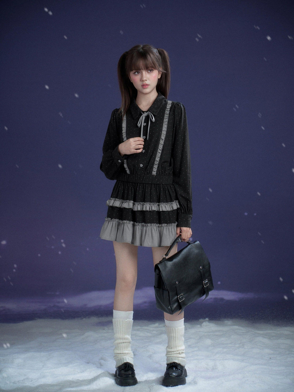 SagiDolls Dark Gray Polka Dot Brooch Cake Skirt Loose Women's Lyocell Casual Mini Dresses