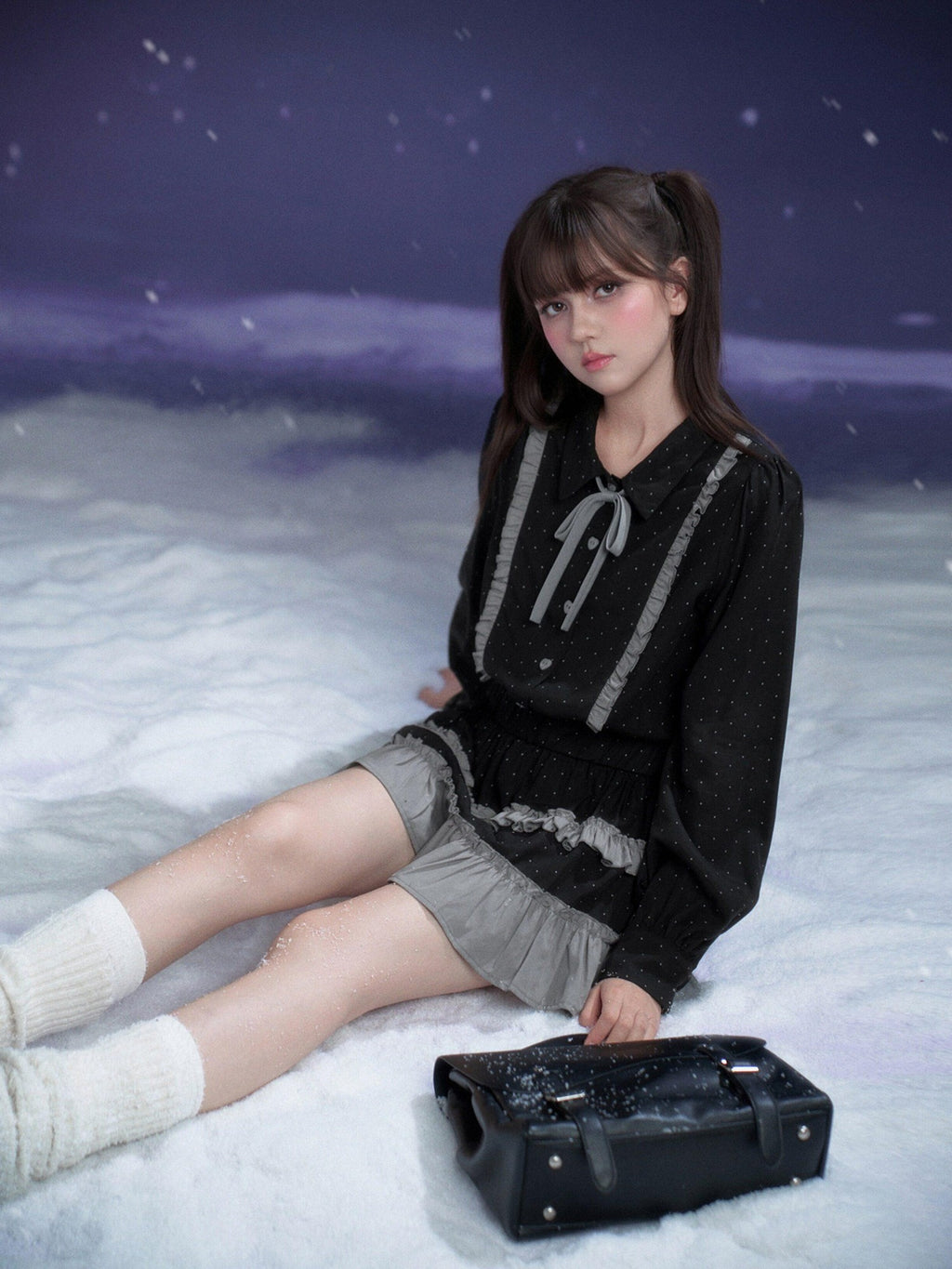 SagiDolls Dark Gray Polka Dot Brooch Cake Skirt Loose Women's Lyocell Casual Mini Dresses