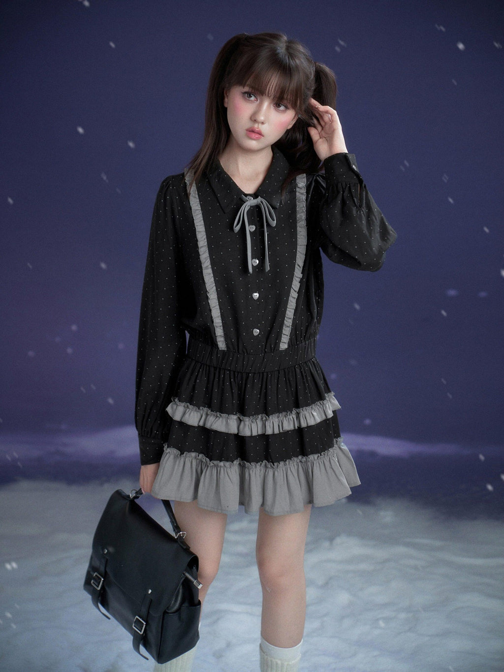 SagiDolls Dark Gray Polka Dot Brooch Cake Skirt Loose Women's Lyocell Casual Mini Dresses
