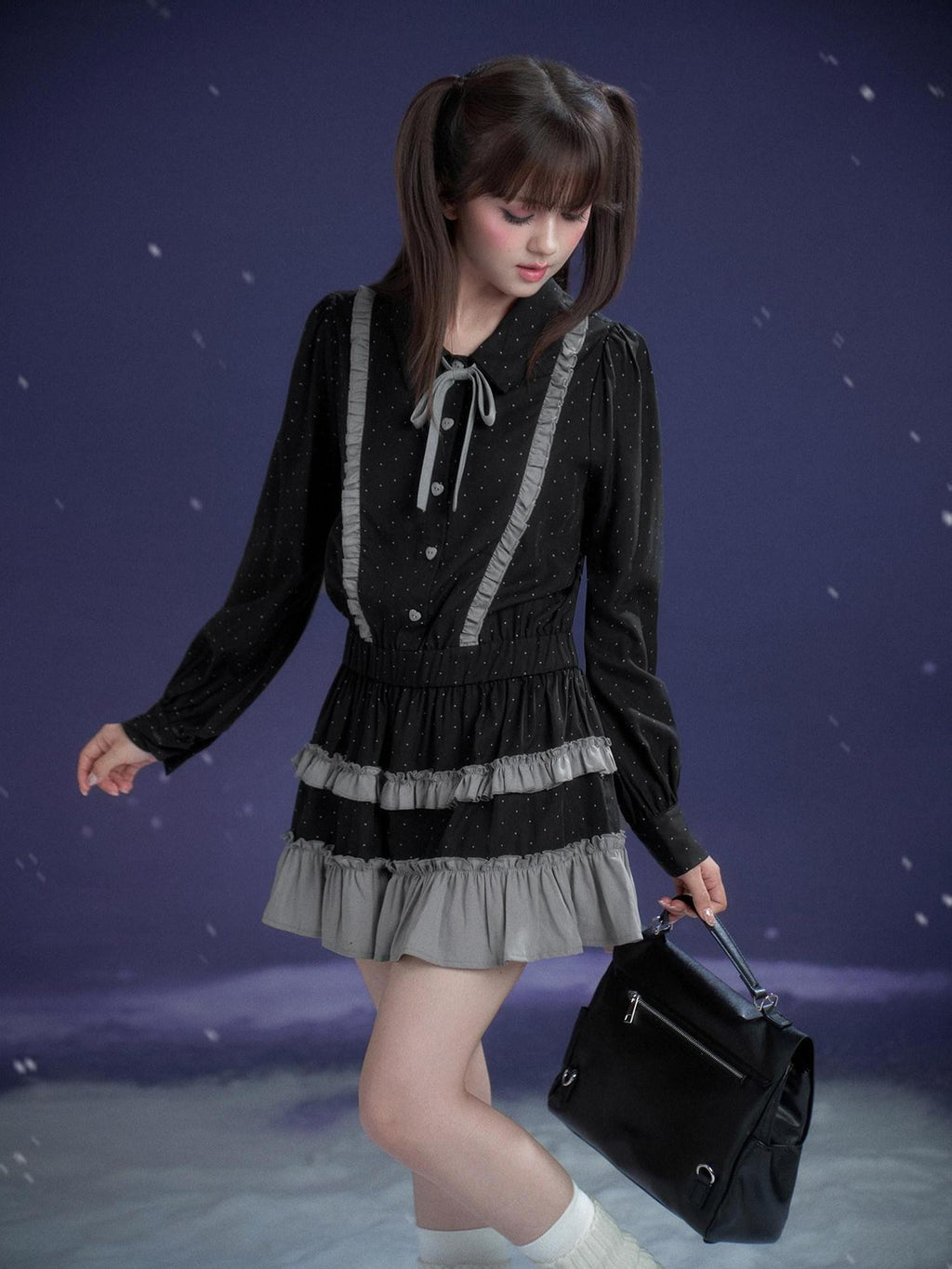 SagiDolls Dark Gray Polka Dot Brooch Cake Skirt Loose Women's Lyocell Casual Mini Dresses