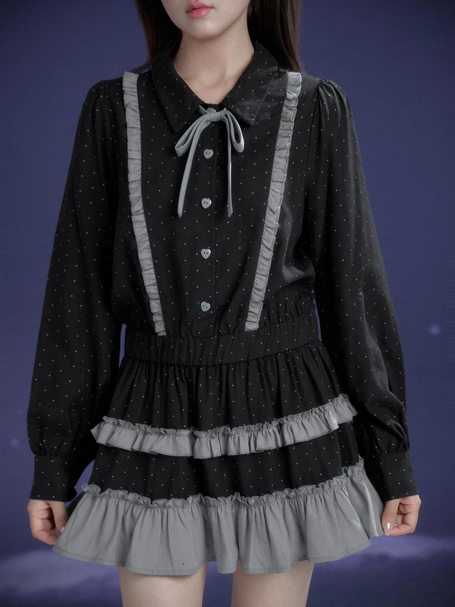 SagiDolls Dark Gray Polka Dot Brooch Cake Skirt Loose Women's Lyocell Casual Mini Dresses