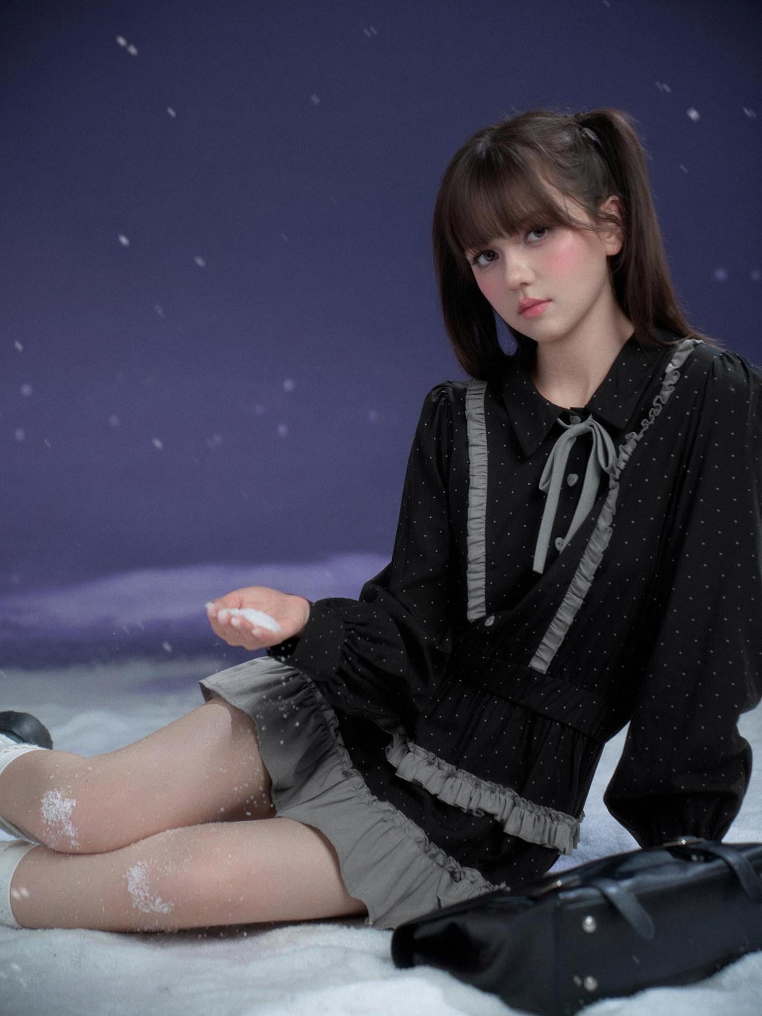 SagiDolls Dark Gray Polka Dot Brooch Cake Skirt Loose Women's Lyocell Casual Mini Dresses