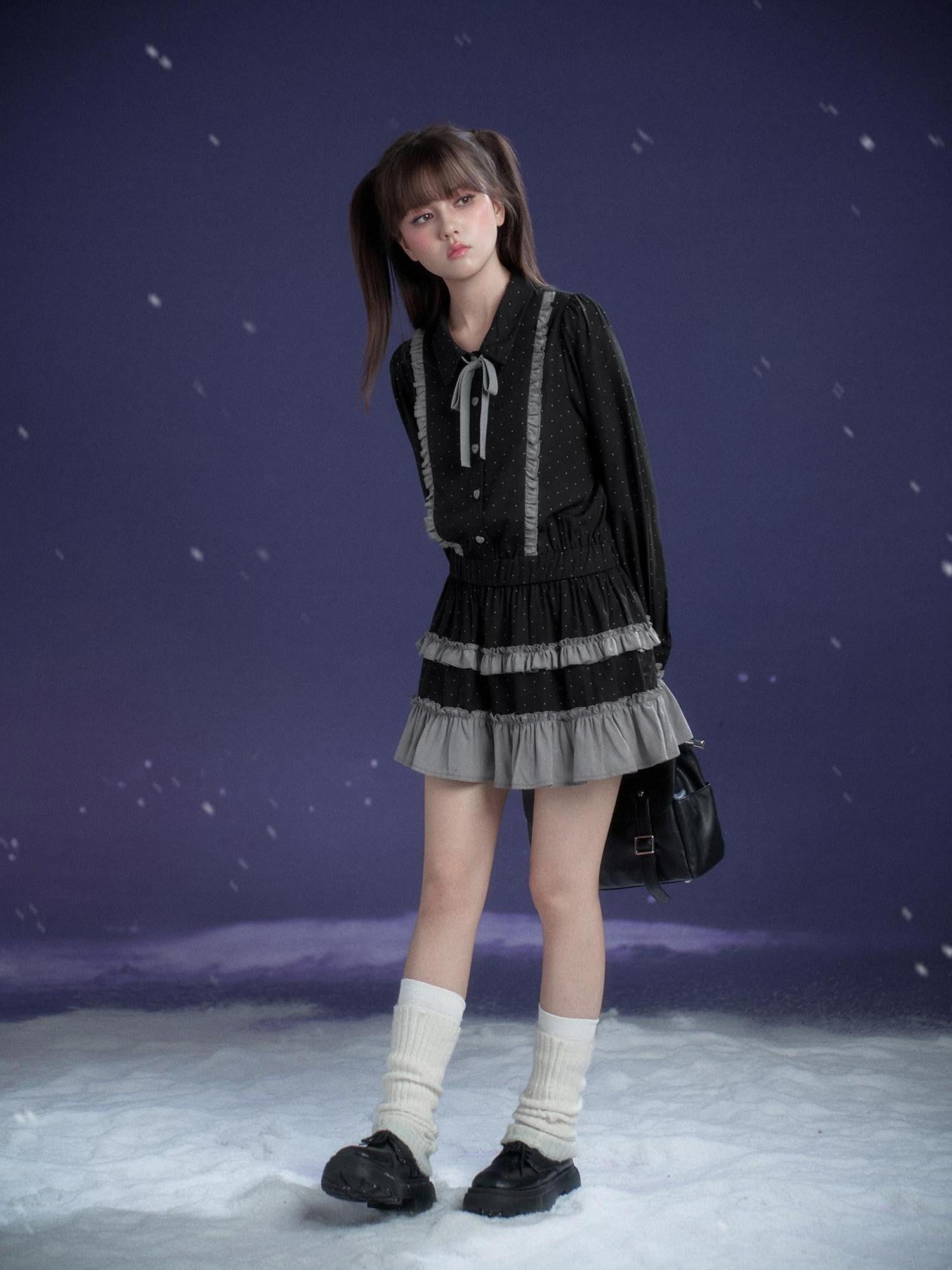SagiDolls Dark Gray Polka Dot Brooch Cake Skirt Loose Women's Lyocell Casual Mini Dresses