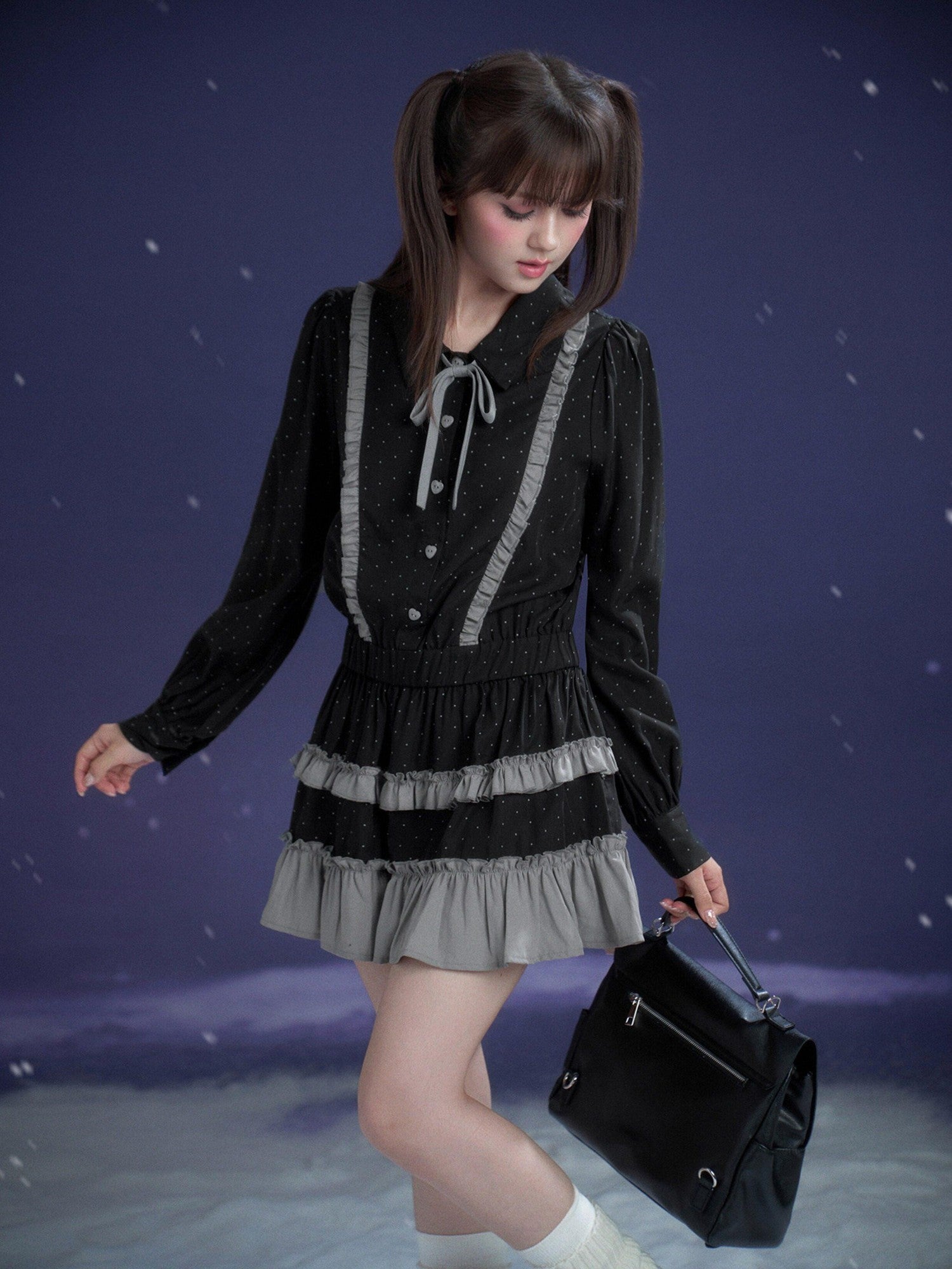 SagiDolls Dark Gray Polka Dot Brooch Cake Skirt Loose Women's Lyocell Casual Mini Dresses
