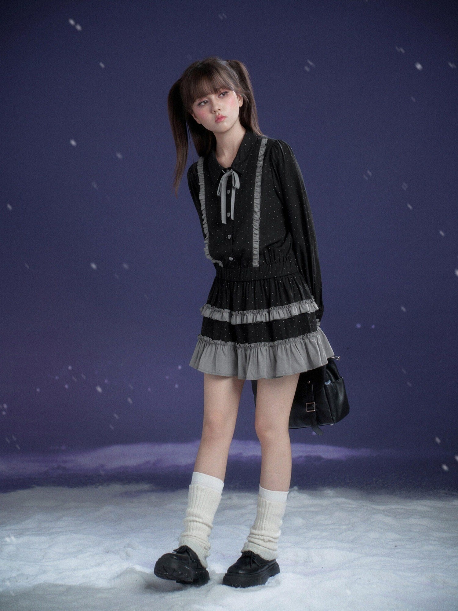 SagiDolls Dark Gray Polka Dot Brooch Cake Skirt Loose Women's Lyocell Casual Mini Dresses