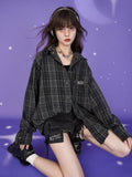 SagiDolls Dark Green Embroidered Plaid Loose Women's Polyester Blend Overshirts