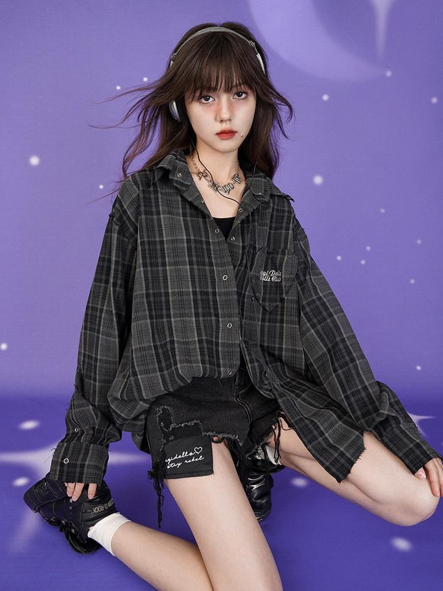 SagiDolls Dark Green Embroidered Plaid Loose Women's Polyester Blend Overshirts