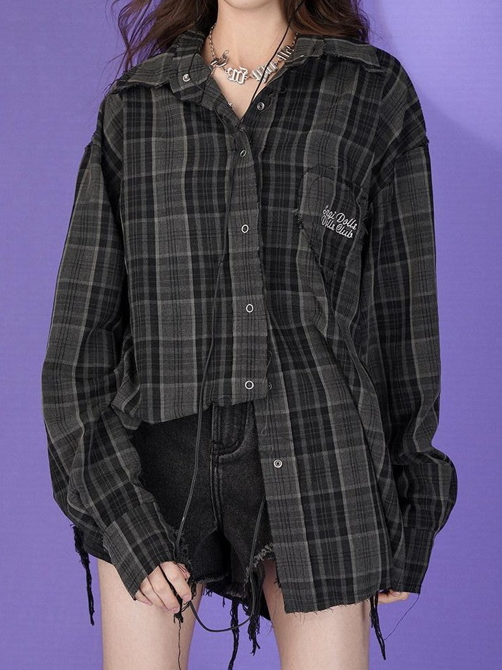 SagiDolls Dark Green Embroidered Plaid Loose Women's Polyester Blend Overshirts