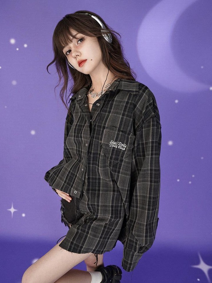 SagiDolls Dark Green Embroidered Plaid Loose Women's Polyester Blend Overshirts