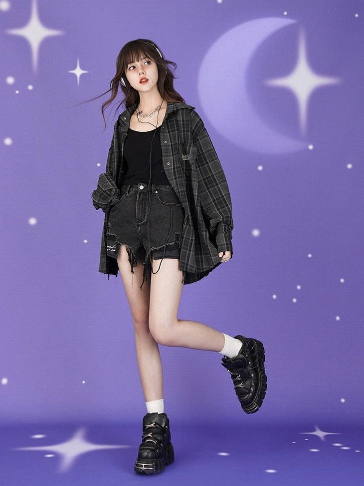 SagiDolls Dark Green Embroidered Plaid Loose Women's Polyester Blend Overshirts