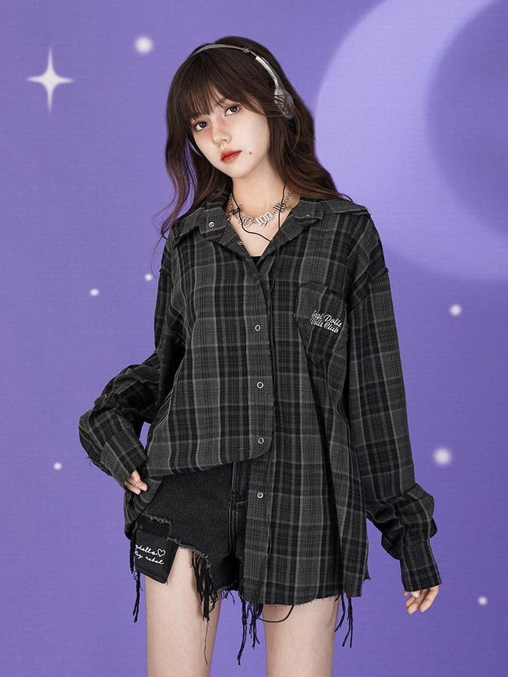 SagiDolls Dark Green Embroidered Plaid Loose Women's Polyester Blend Overshirts