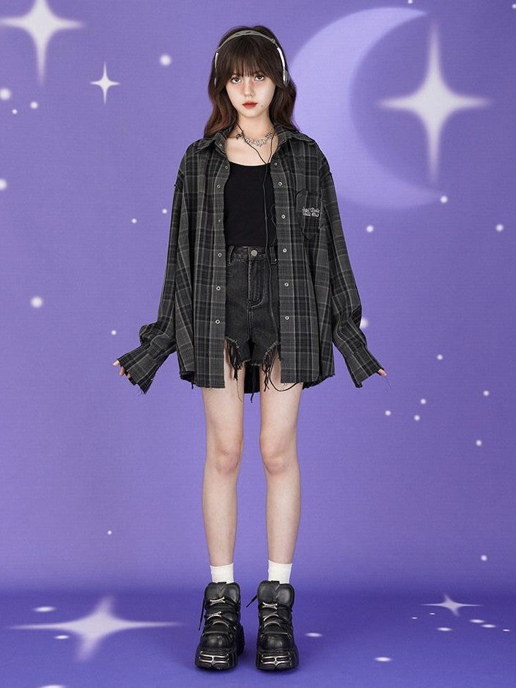 SagiDolls Dark Green Embroidered Plaid Loose Women's Polyester Blend Overshirts