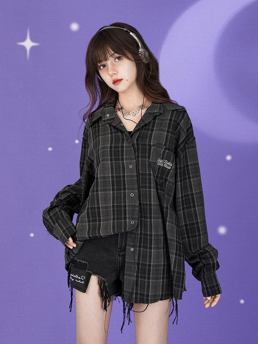 SagiDolls Dark Green Embroidered Plaid Loose Women's Polyester Blend Overshirts