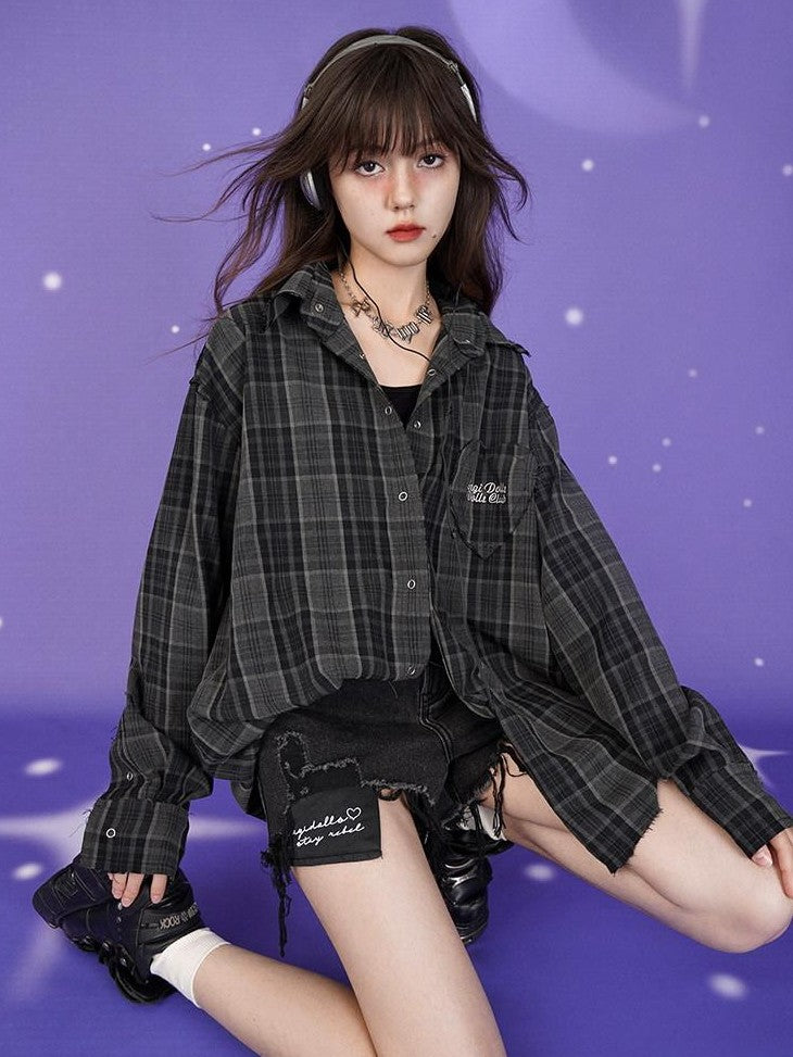SagiDolls Dark Green Embroidered Plaid Loose Women's Polyester Blend Overshirts