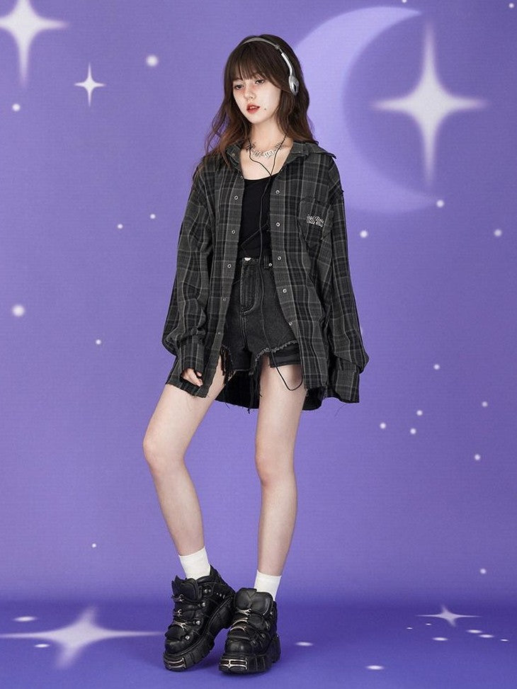 SagiDolls Dark Green Embroidered Plaid Loose Women's Polyester Blend Overshirts