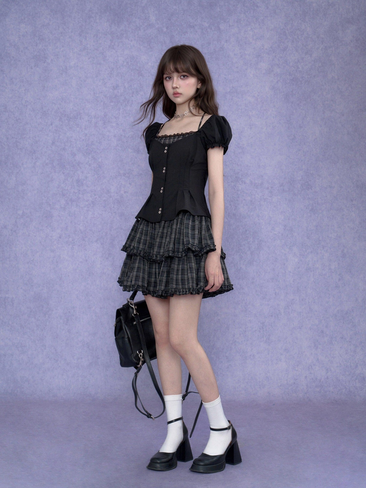 SagiDolls Dark Halter Fake Two Piece Puff Sleeve Women's Polyester Corset Mini Dresses