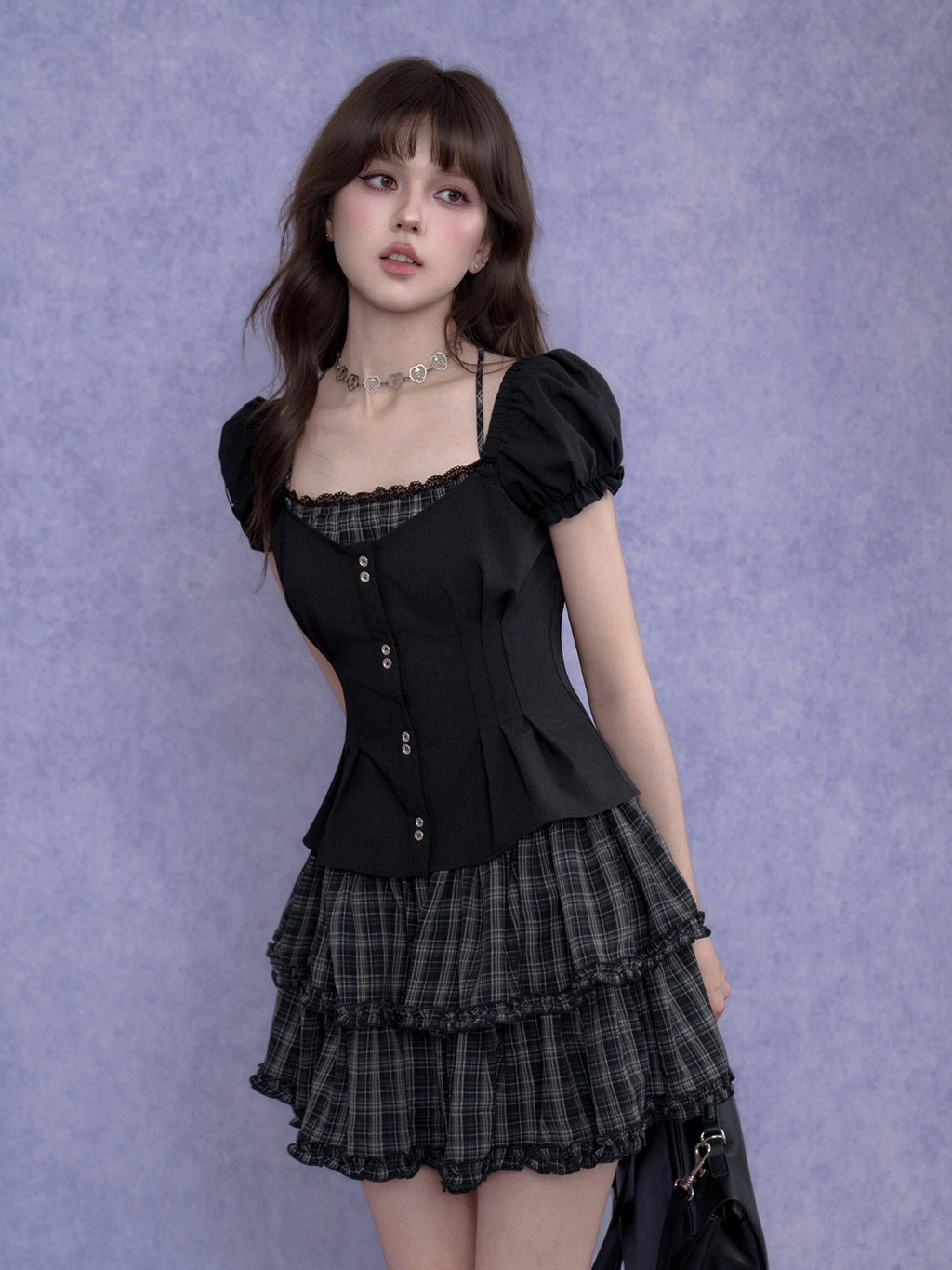 SagiDolls Dark Halter Fake Two Piece Puff Sleeve Women's Polyester Corset Mini Dresses