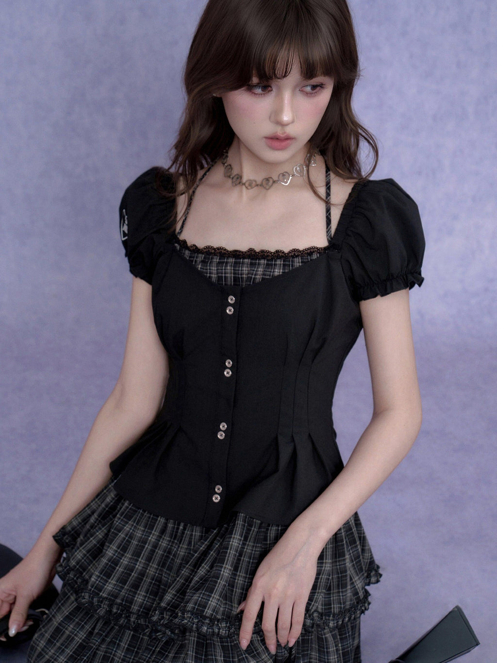 SagiDolls Dark Halter Fake Two Piece Puff Sleeve Women's Polyester Corset Mini Dresses