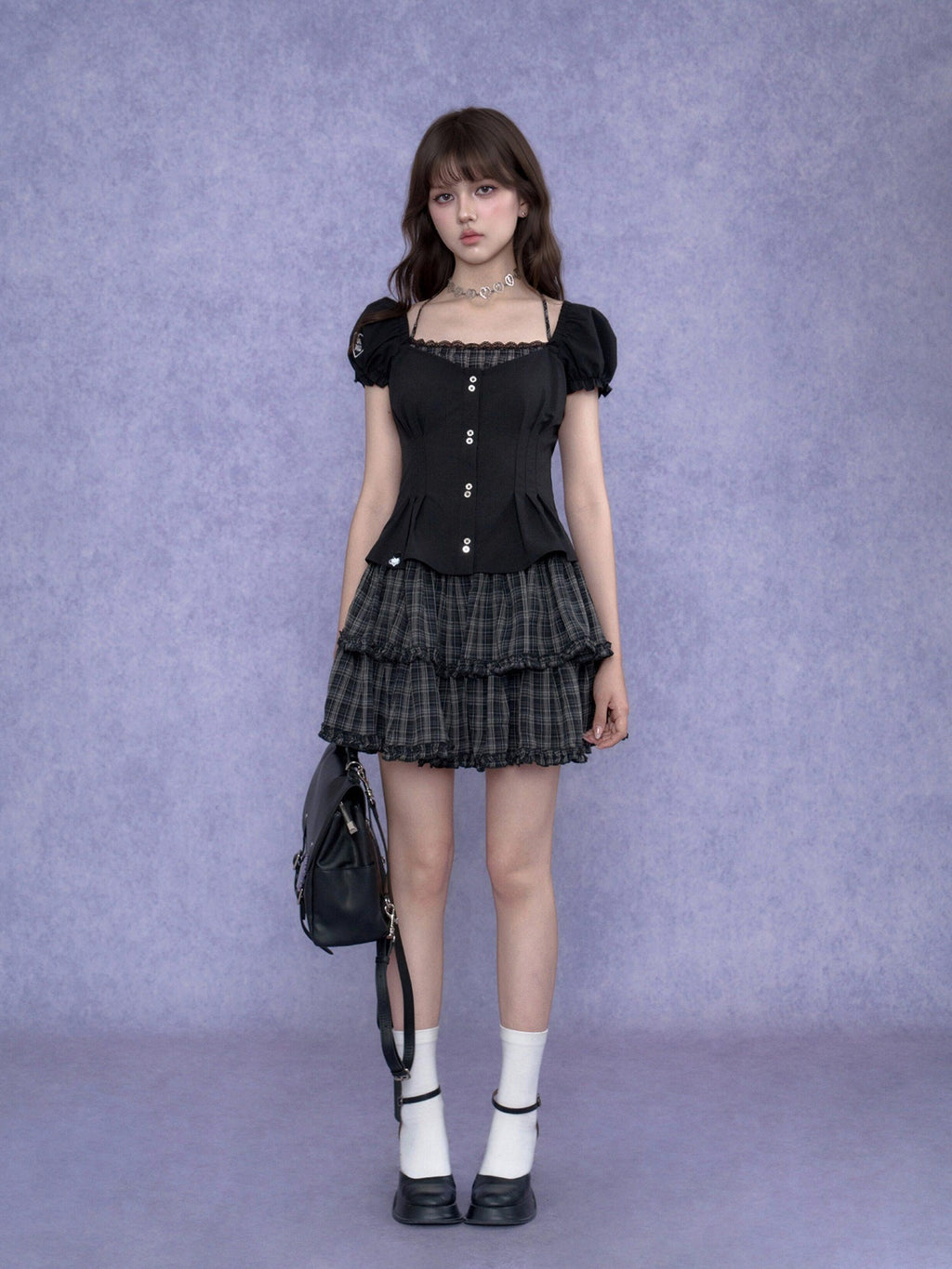 SagiDolls Dark Halter Fake Two Piece Puff Sleeve Women's Polyester Corset Mini Dresses