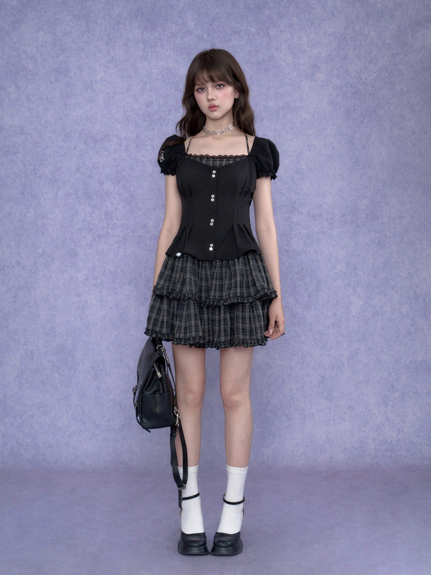 SagiDolls Dark Halter Fake Two Piece Puff Sleeve Women's Polyester Corset Mini Dresses