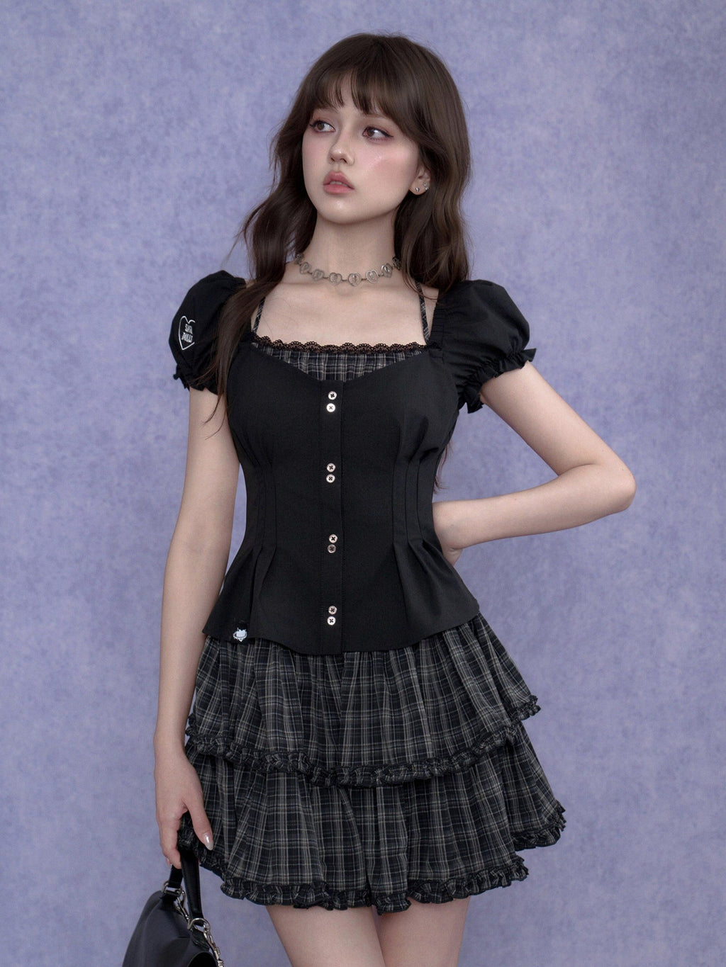 SagiDolls Dark Halter Fake Two Piece Puff Sleeve Women's Polyester Corset Mini Dresses