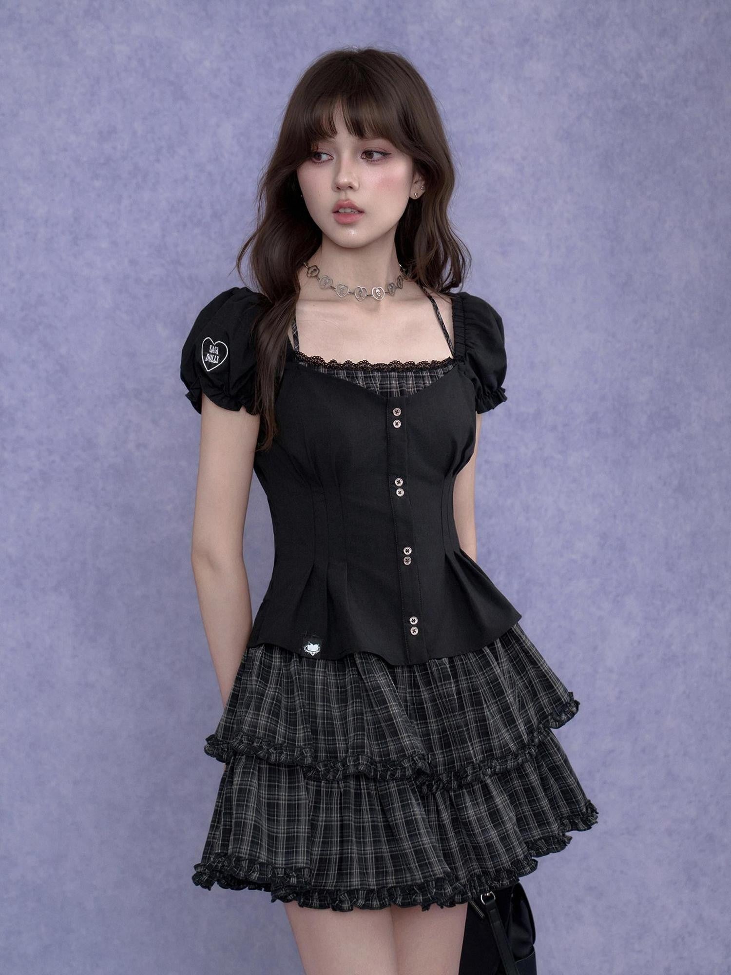 SagiDolls Dark Halter Fake Two Piece Puff Sleeve Women's Polyester Corset Mini Dresses