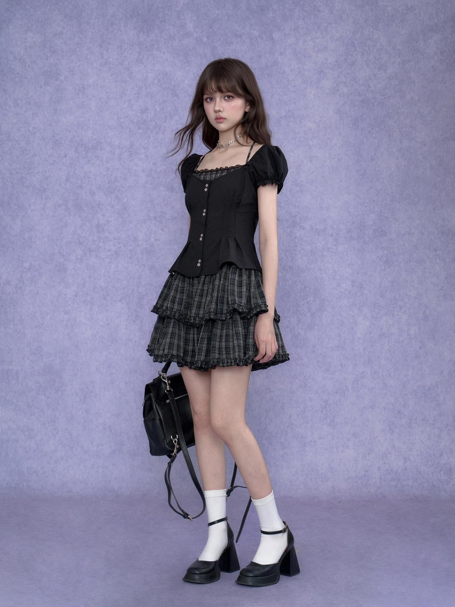 SagiDolls Dark Halter Fake Two Piece Puff Sleeve Women's Polyester Corset Mini Dresses