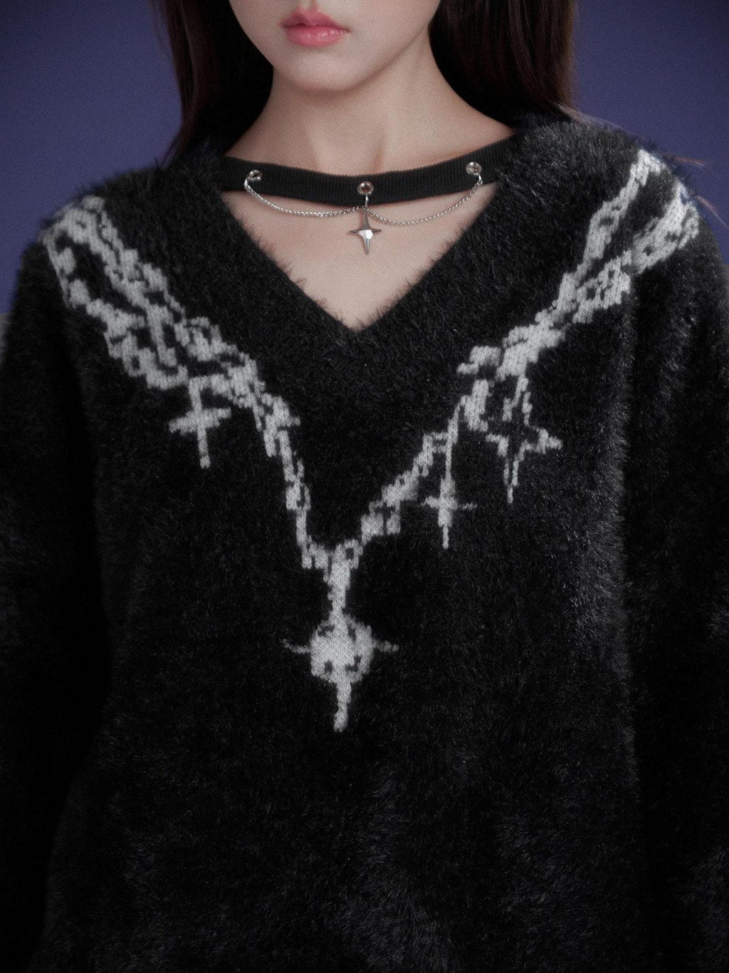 SagiDolls Dark Jacquard Choker Faux Mink V-neck Striped Chunky Women's Sweaters