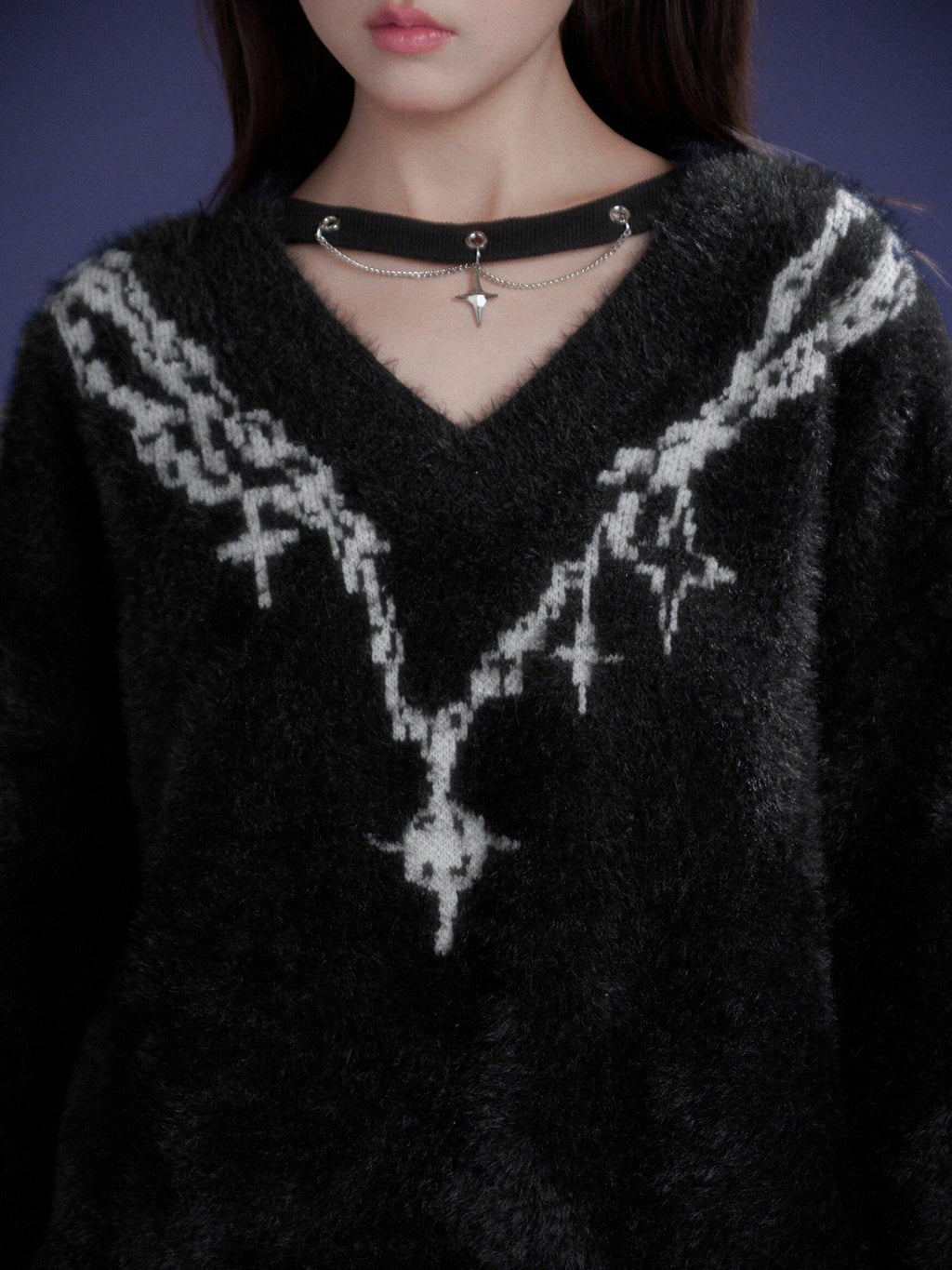 SagiDolls Dark Jacquard Choker Faux Mink V-neck Striped Chunky Women's Sweaters