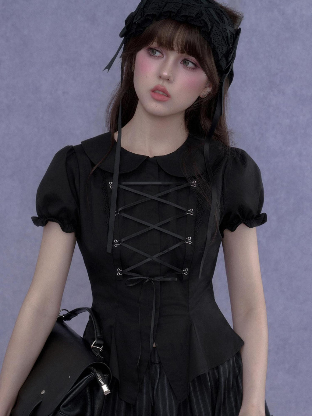 SagiDolls Dark Princess Tie Cropped Fitted Waist Women's Cotton Puff-sleeve Blouses