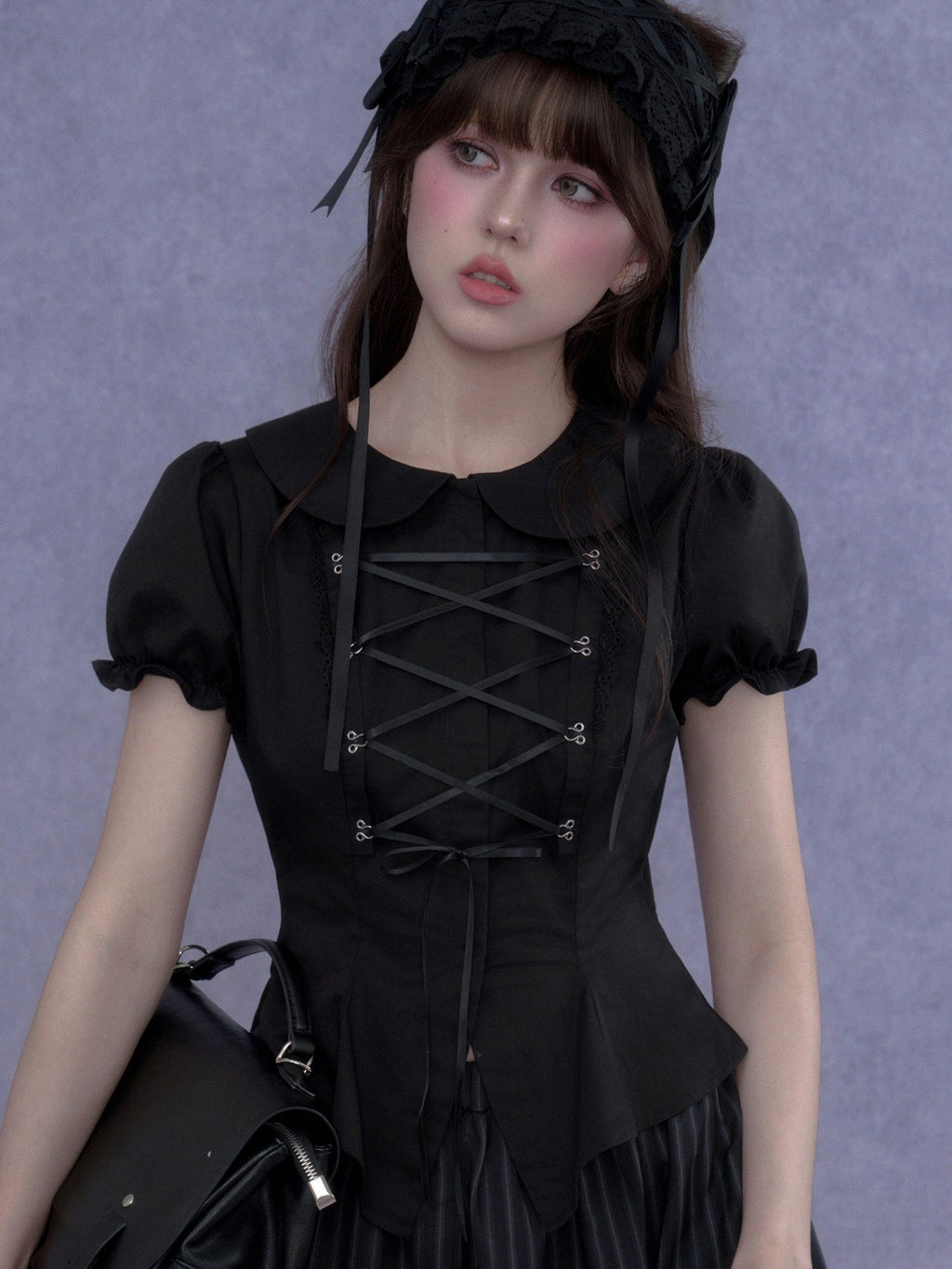 SagiDolls Dark Princess Tie Cropped Fitted Waist Women's Cotton Puff-sleeve Blouses