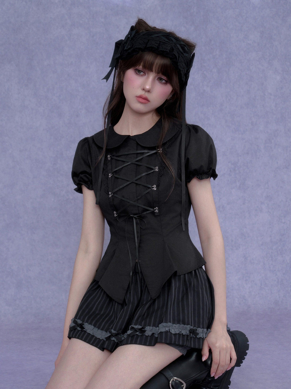 SagiDolls Dark Princess Tie Cropped Fitted Waist Women's Cotton Puff-sleeve Blouses