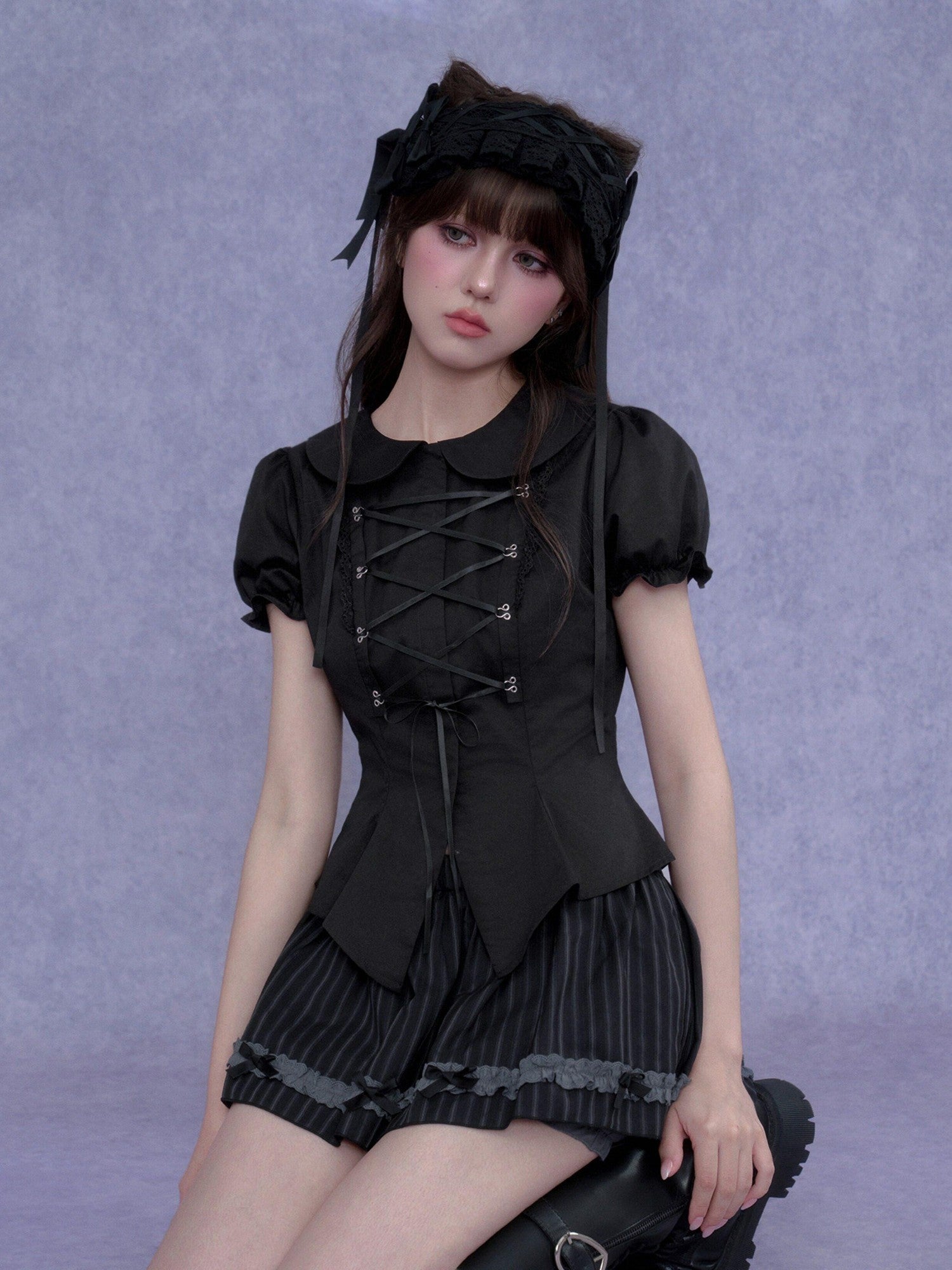 SagiDolls Dark Princess Tie Cropped Fitted Waist Women's Cotton Puff-sleeve Blouses