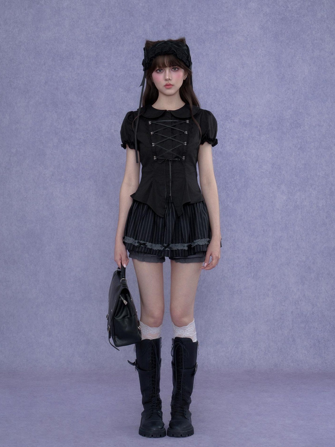 SagiDolls Dark Princess Tie Cropped Fitted Waist Women's Cotton Puff-sleeve Blouses