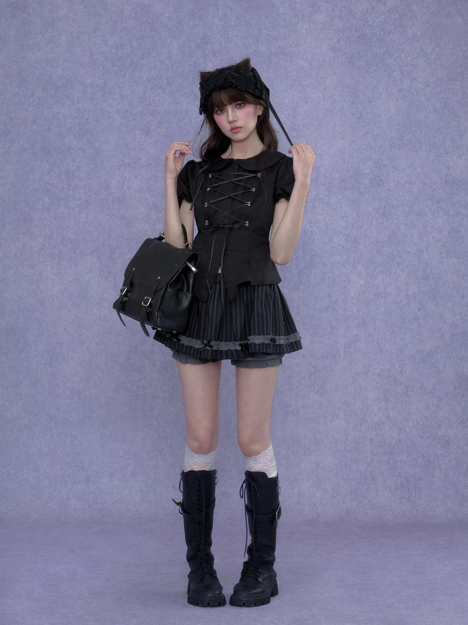 SagiDolls Dark Princess Tie Cropped Fitted Waist Women's Cotton Puff-sleeve Blouses