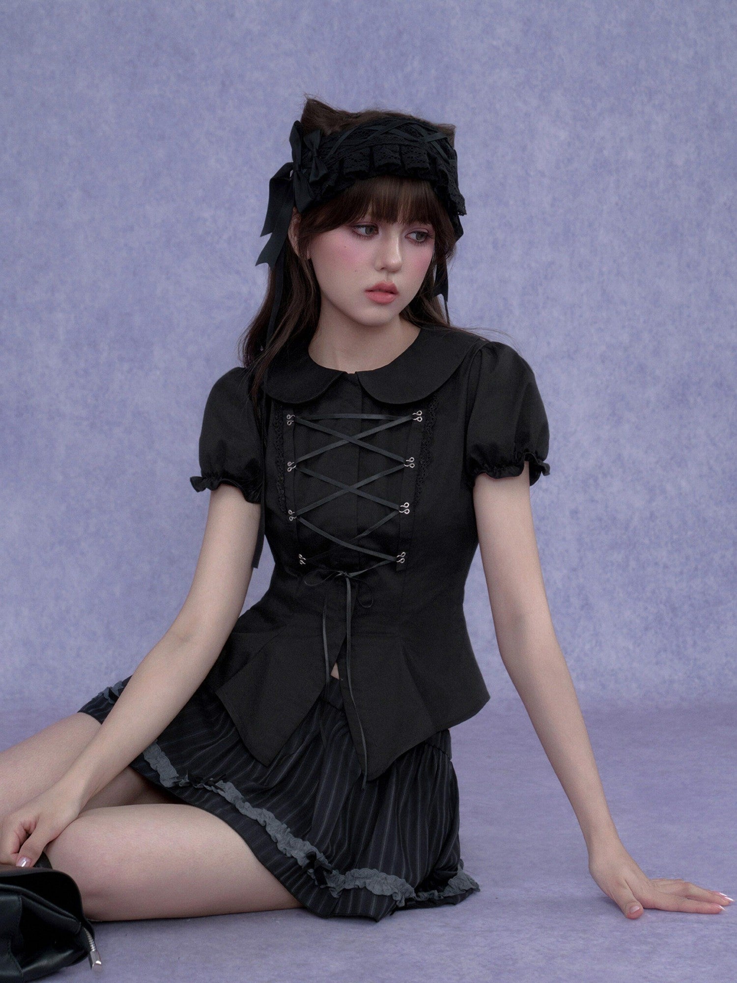 SagiDolls Dark Princess Tie Cropped Fitted Waist Women's Cotton Puff-sleeve Blouses