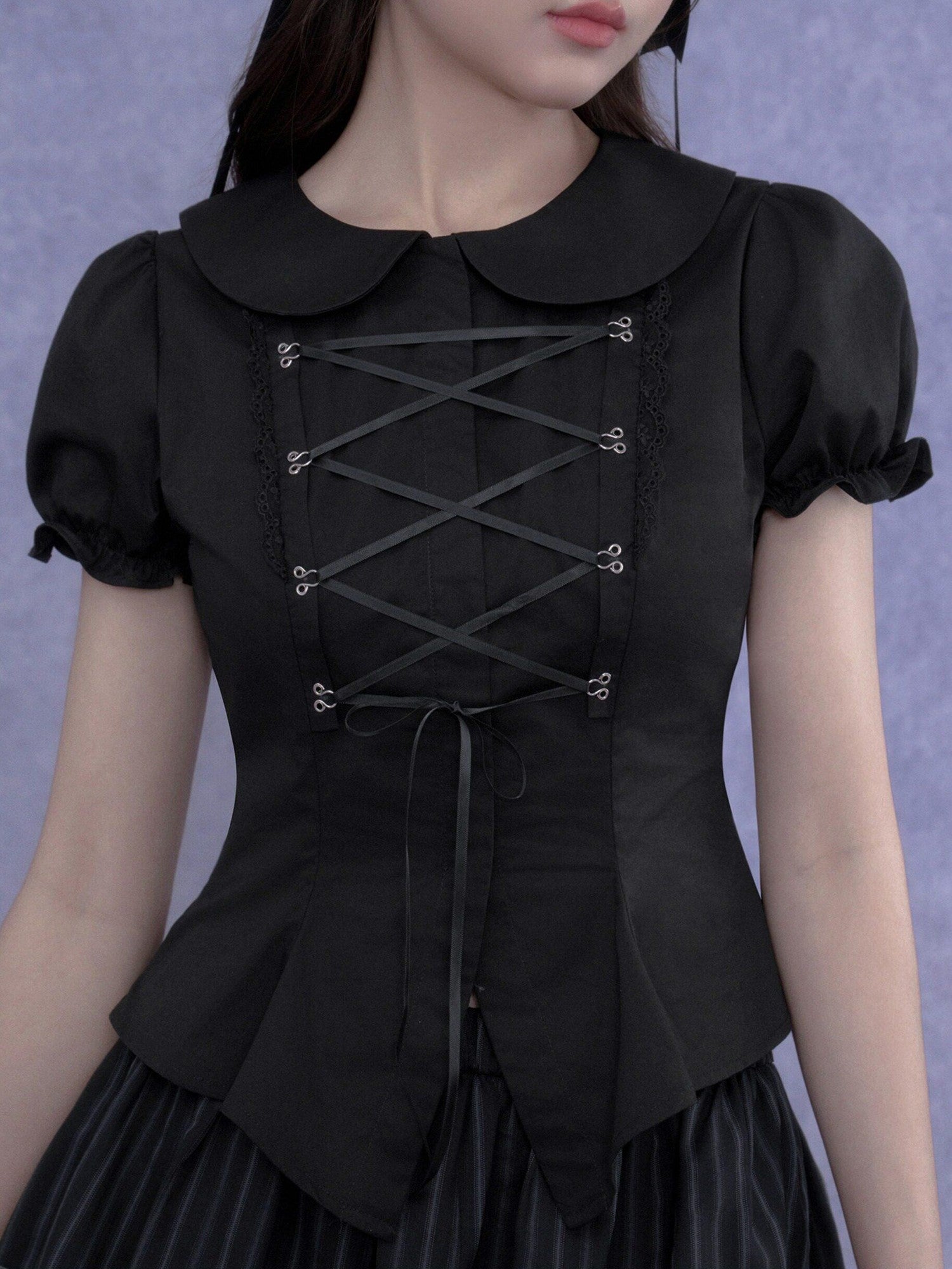 SagiDolls Dark Princess Tie Cropped Fitted Waist Women's Cotton Puff-sleeve Blouses