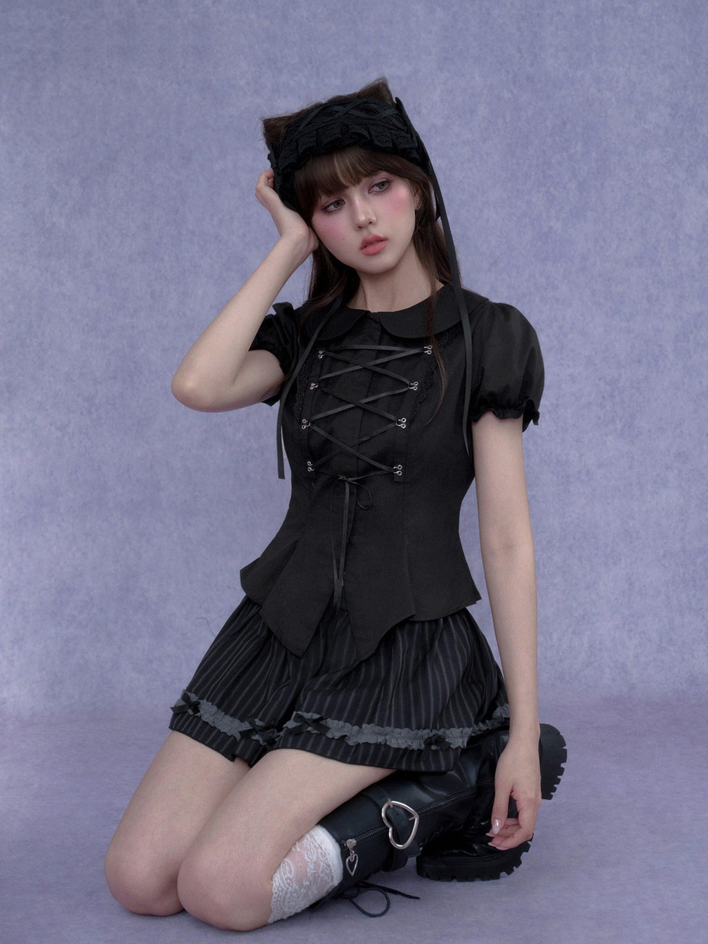 SagiDolls Dark Princess Tie Cropped Fitted Waist Women's Cotton Puff-sleeve Blouses