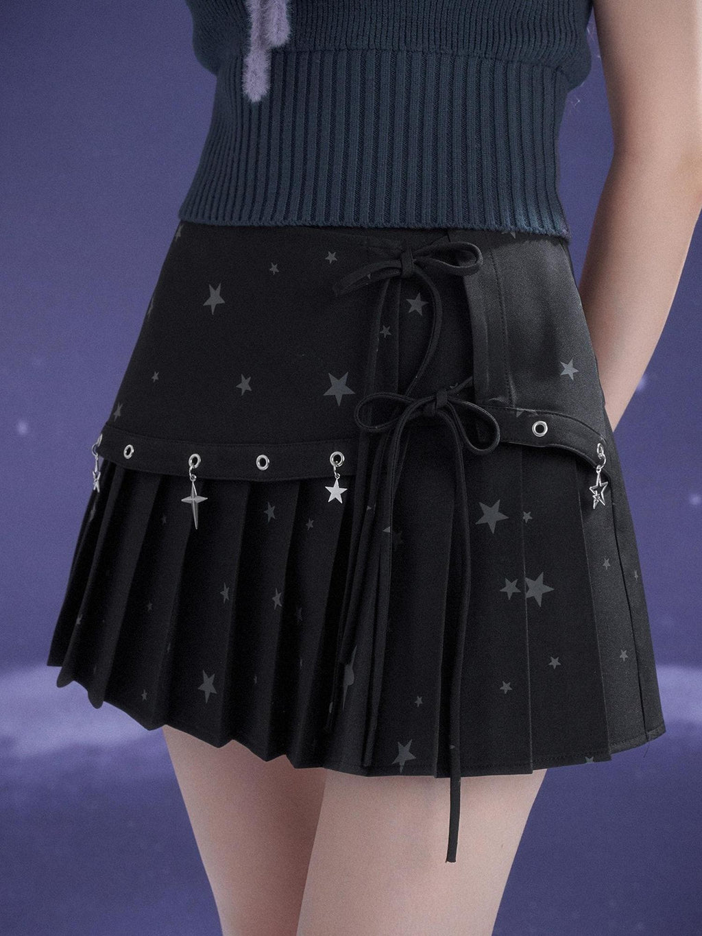 SagiDolls Dark Star Metal Pendant Strappy High Waist Women's Pleated Skirts