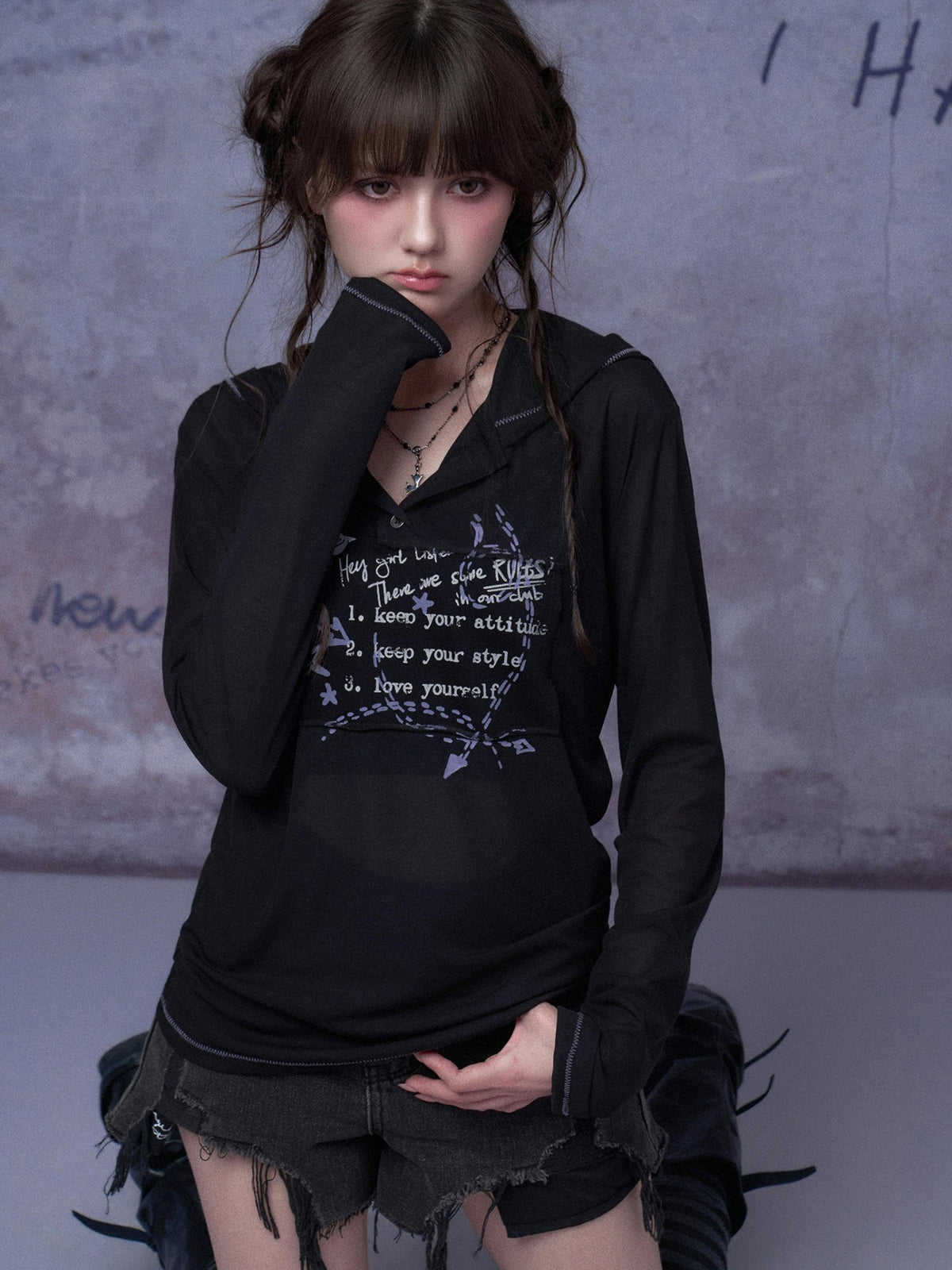 SagiDolls Dark Street Graffiti Mesh Hooded Print Women's Polyester Long Sleeve T-shirts