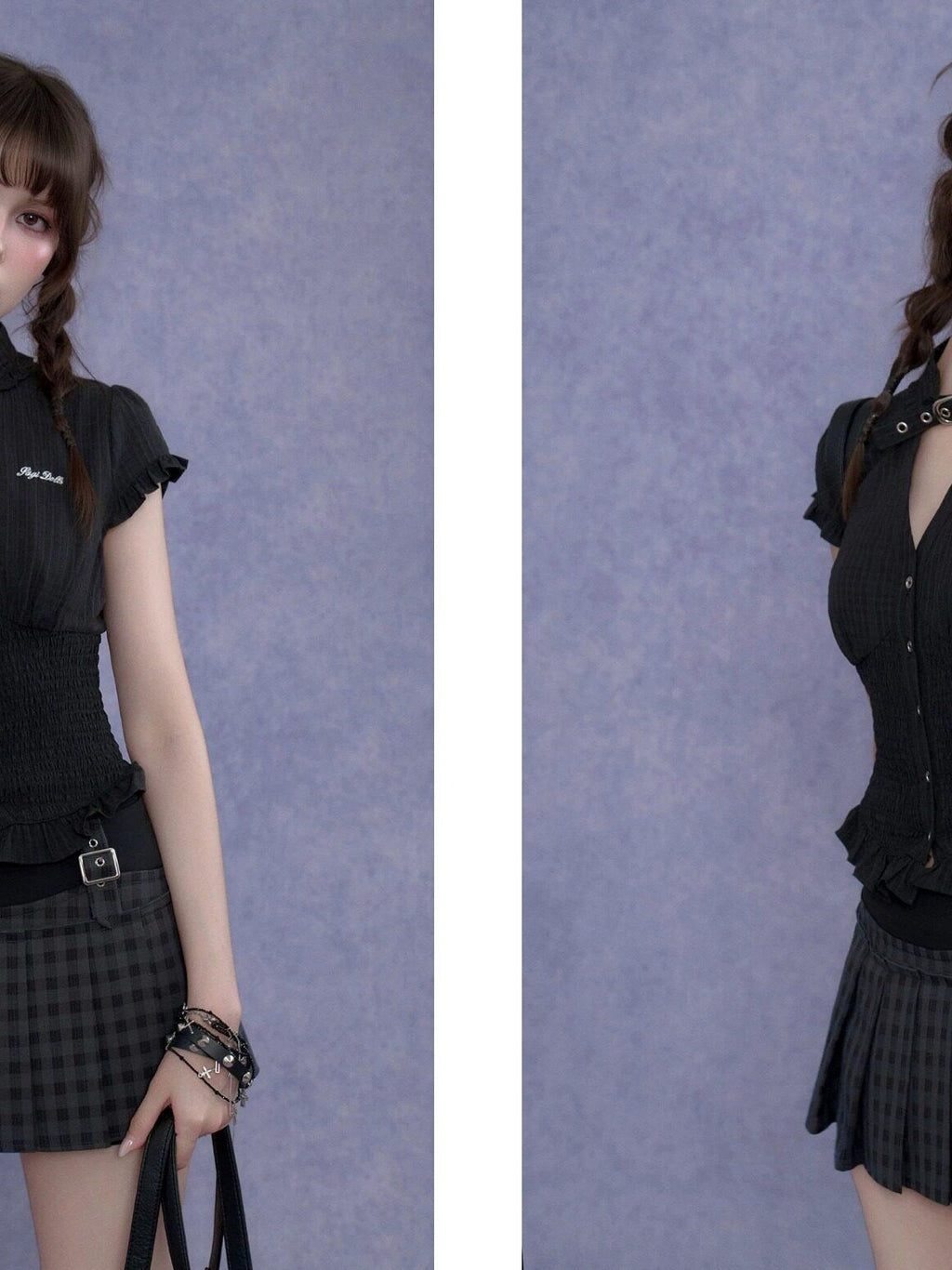 SagiDolls Dark Textured Ruffle V-neck Puff Sleeve Women's Polyester Chokers