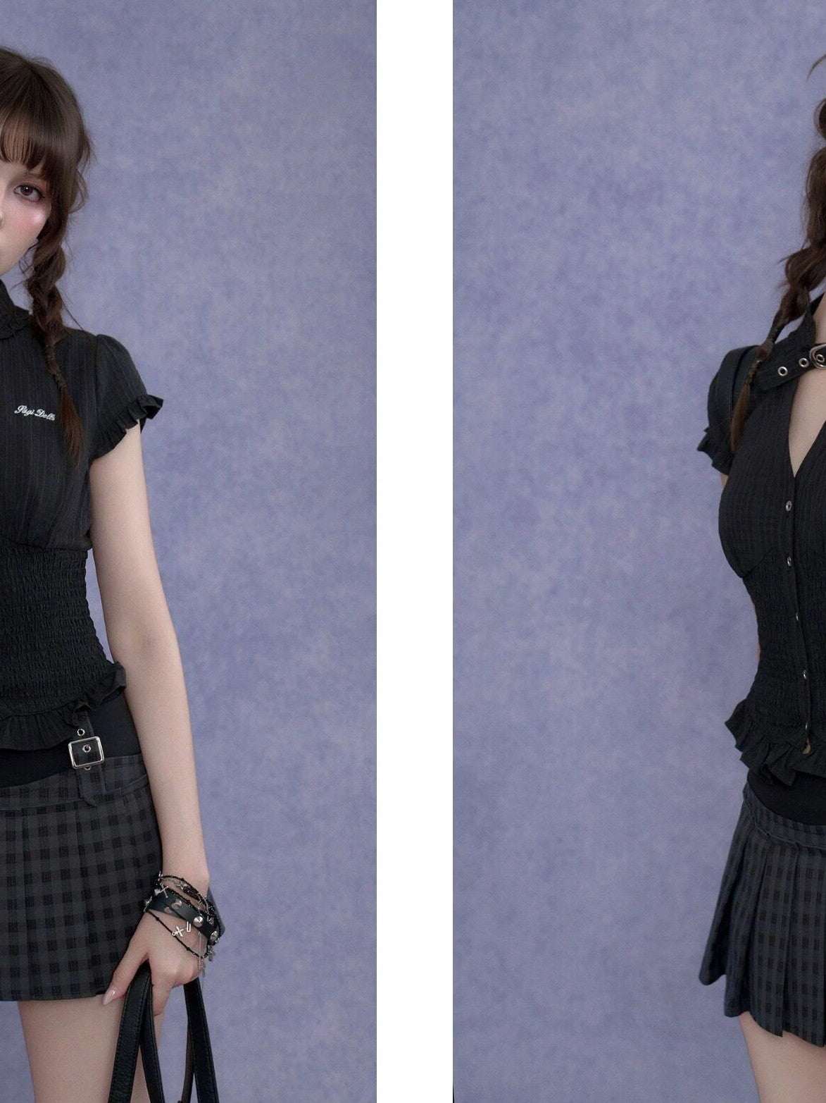 SagiDolls Dark Textured Ruffle V-neck Puff Sleeve Women's Polyester Chokers