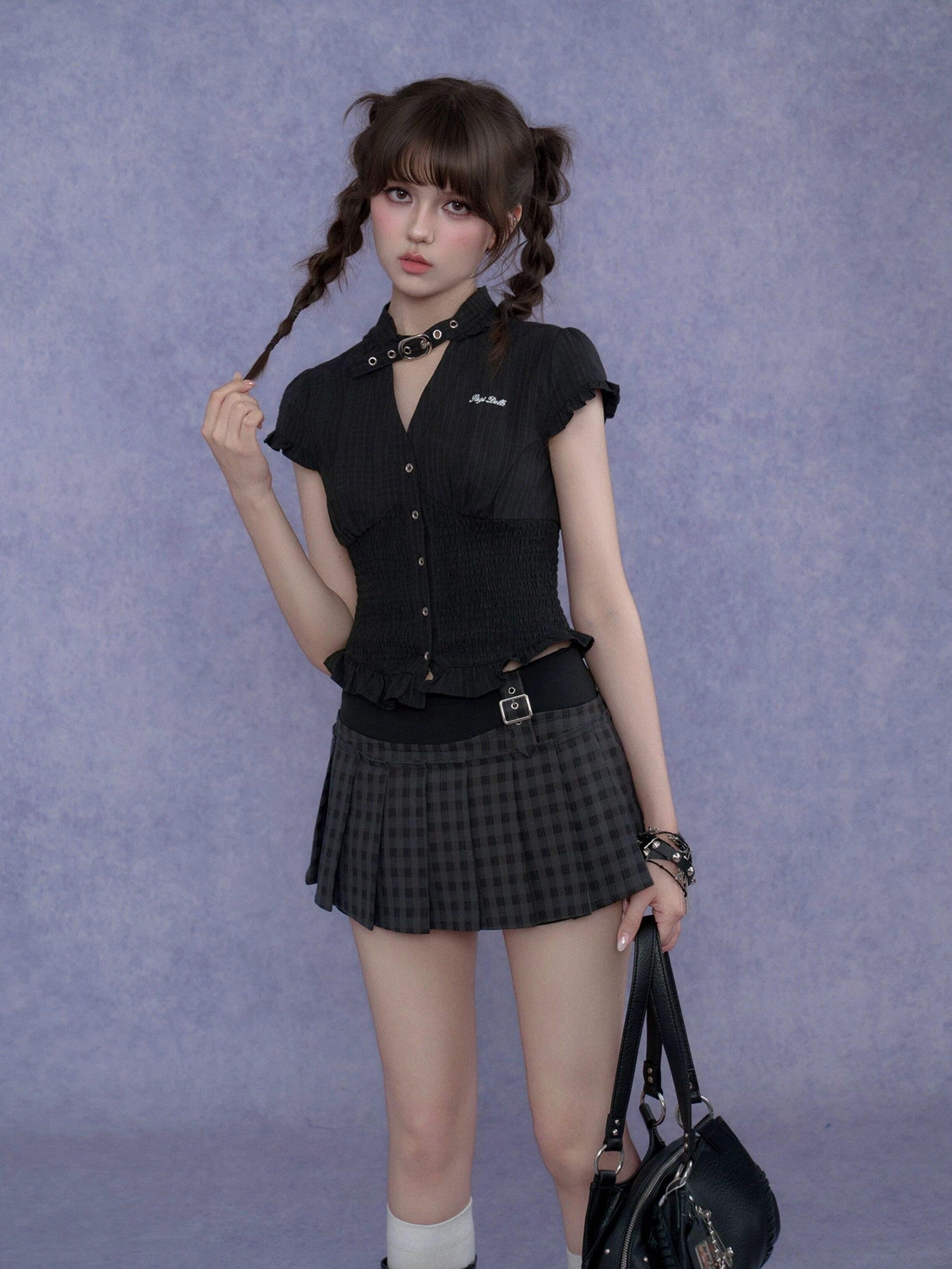 SagiDolls Dark Textured Ruffle V-neck Puff Sleeve Women's Polyester Chokers
