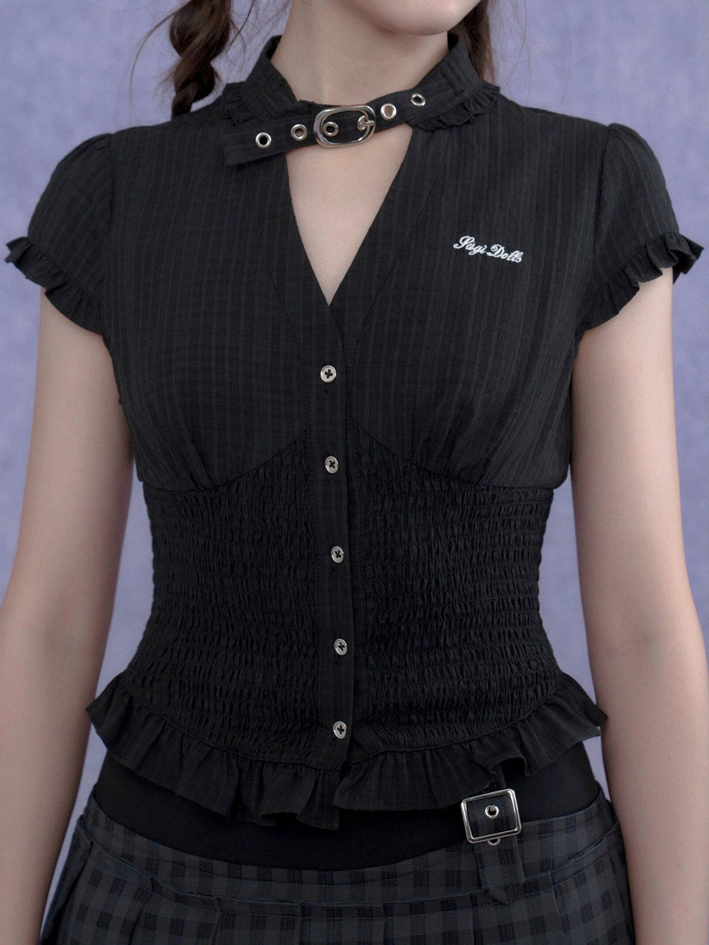 SagiDolls Dark Textured Ruffle V-neck Puff Sleeve Women's Polyester Chokers