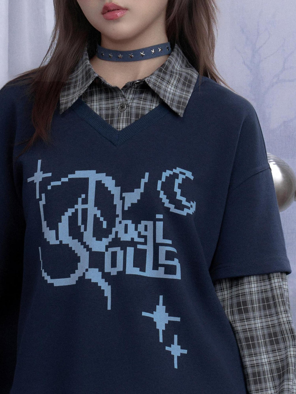 SagiDolls Deep Blue Pixel Plaid Patchwork Polo Layered Women's Cotton Blend Sweatshirts