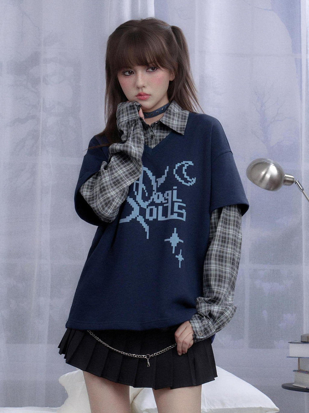 SagiDolls Deep Blue Pixel Plaid Patchwork Polo Layered Women's Cotton Blend Sweatshirts