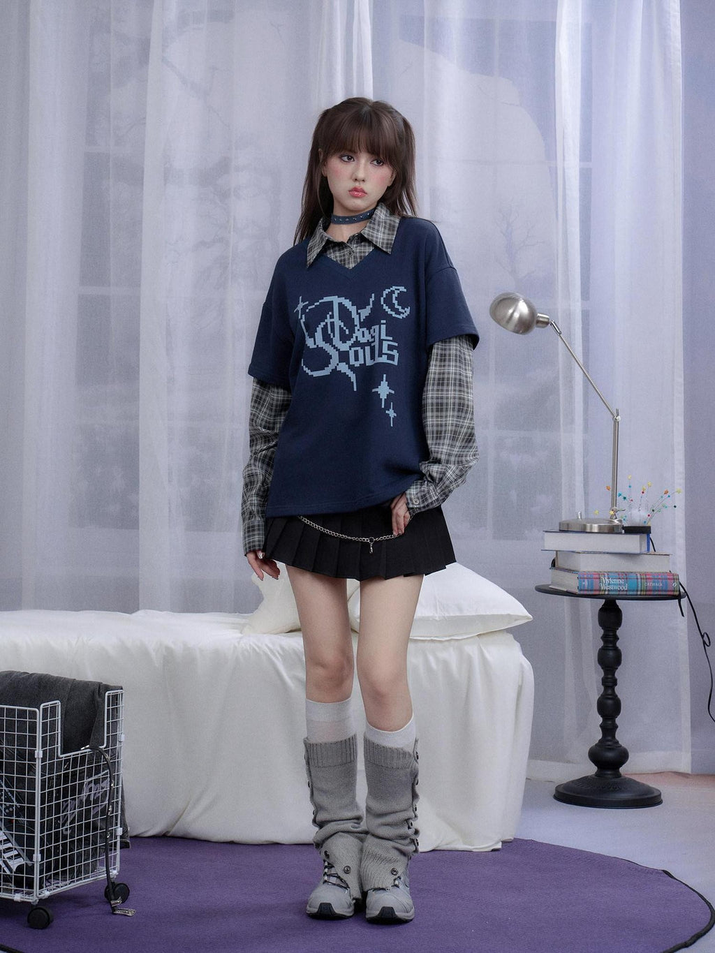 SagiDolls Deep Blue Pixel Plaid Patchwork Polo Layered Women's Cotton Blend Sweatshirts