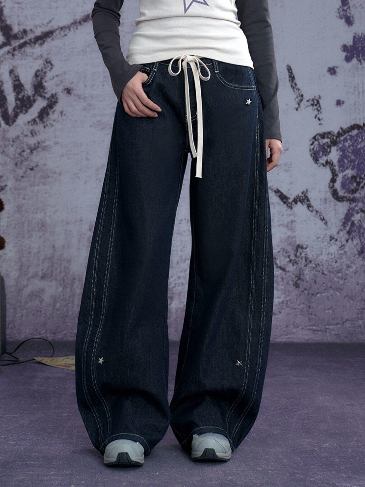 SagiDolls Deep Blue Star Embroidered Studded Structured Women's Denim Chinos